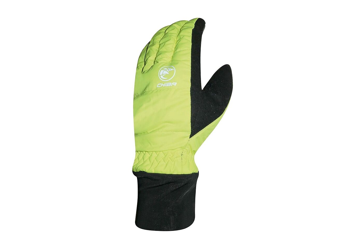 Gelber, wattierter Winterhandschuh mit langem Bündchen vor weißem Hintergrund.